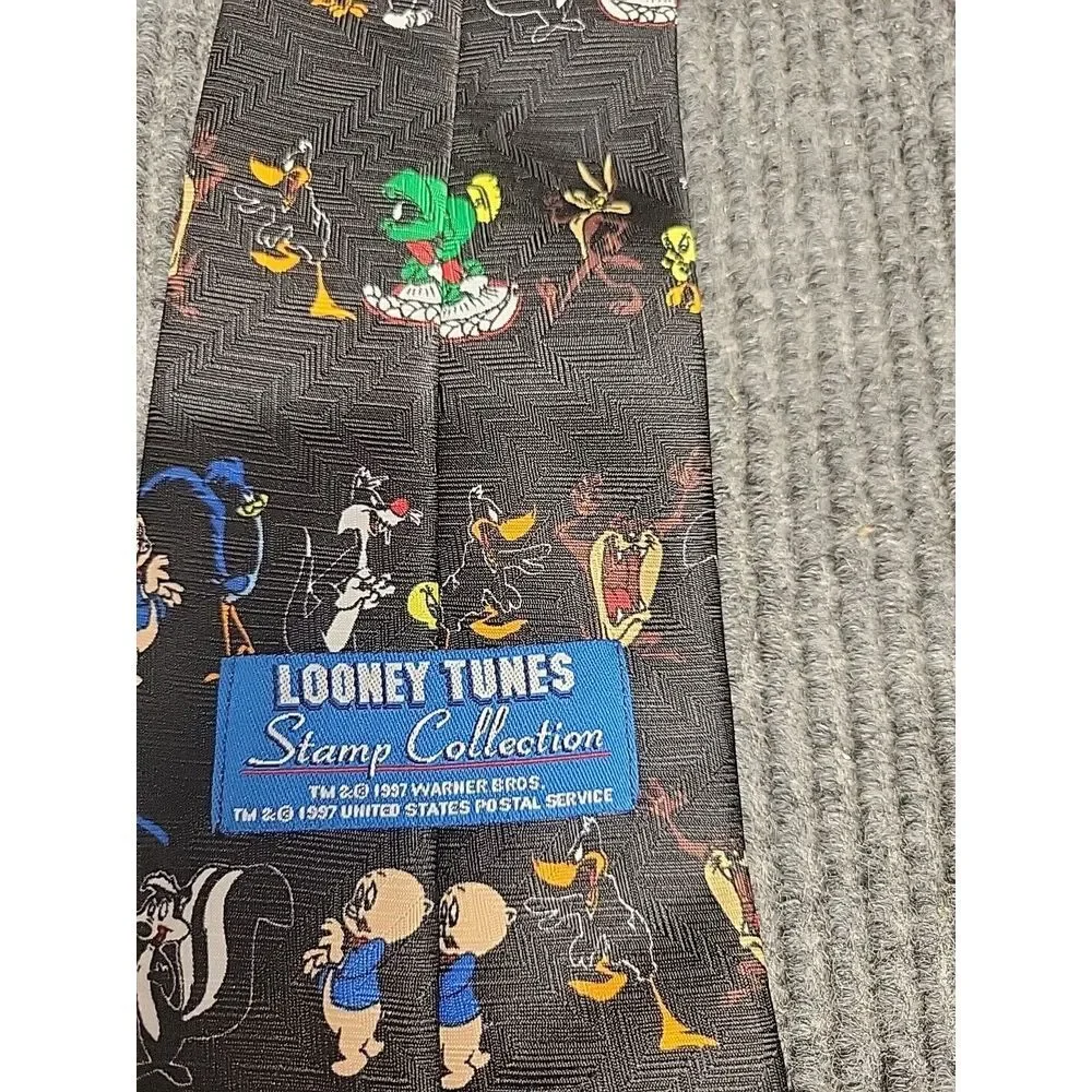 Vintage 1997 Looney Tunes Stamp Collection Silk Tie Black‎ Warner Bros USPS Mens
